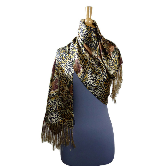 Vintage Accessories - Roses and Leopard Fringed Scarf Silk Black & Gold